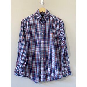 Southern Marsh Mens Small Blue Orange Gingham Check Long Sleeve Button Up Shirt